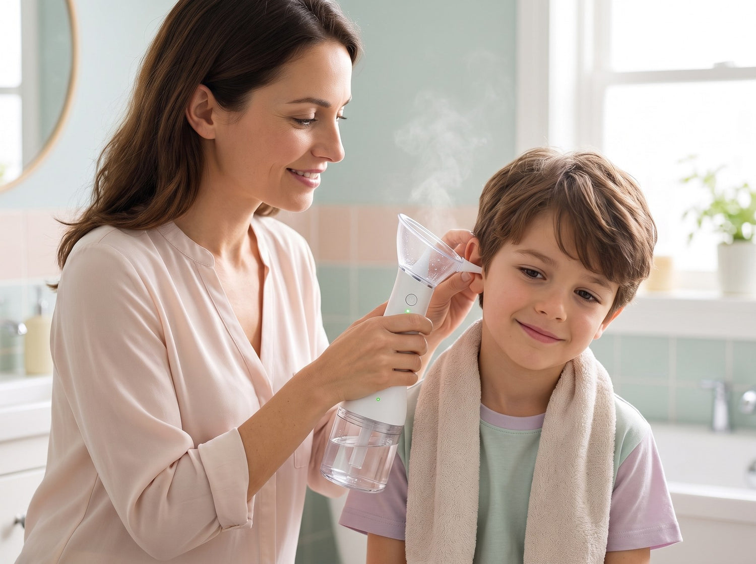 Mère utilisant le nettoyeur d'oreilles CLIMEO sur son enfant