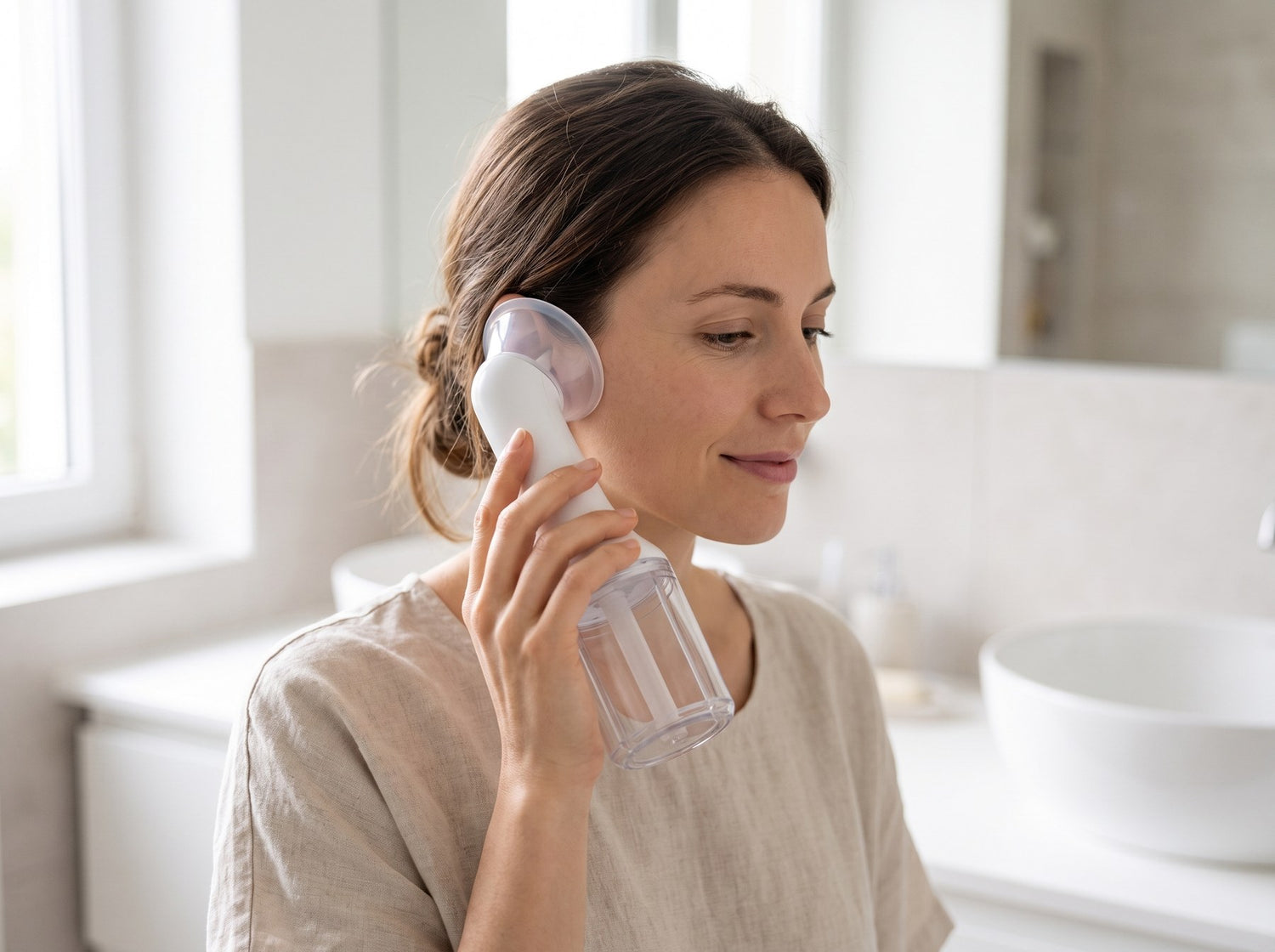 Femme utilisant le nettoyeur d'oreilles CLIMEO à jet d'eau