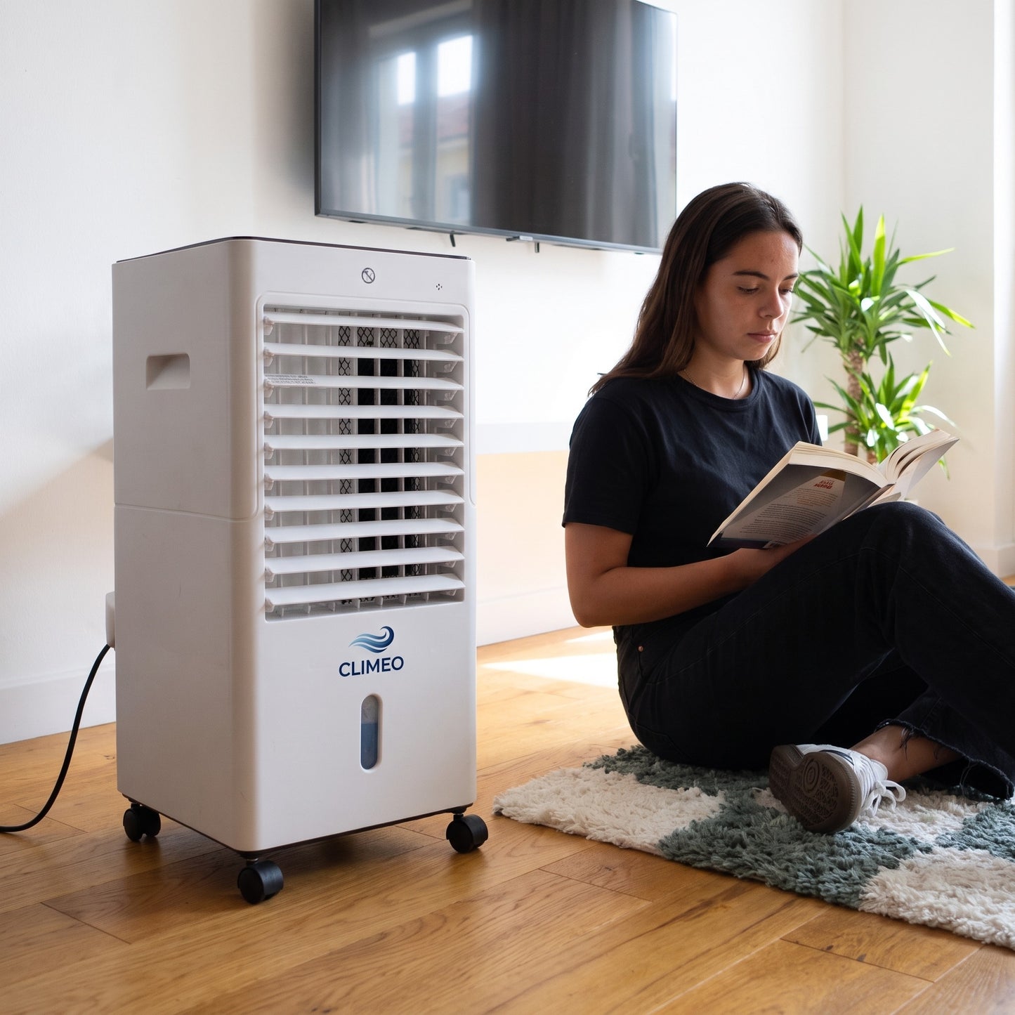 CLIMEO VentCool dans un salon, une femme lit au frais